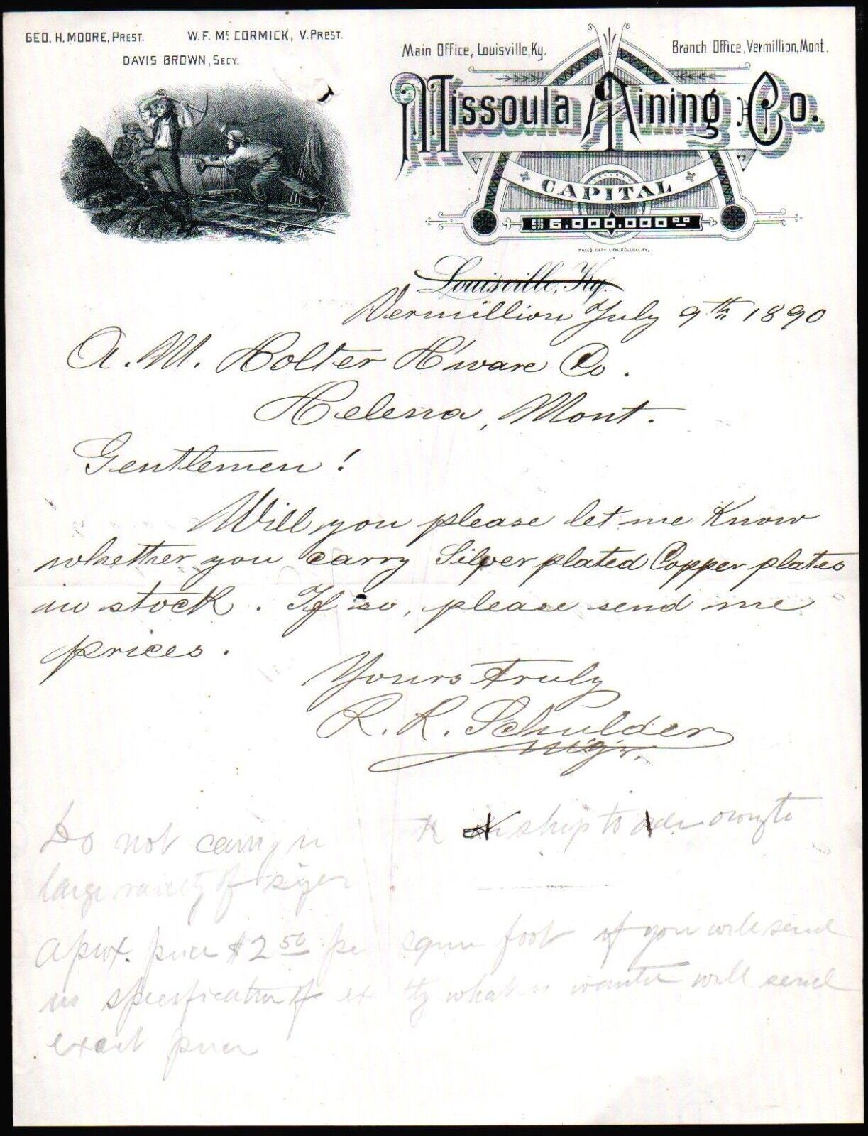 1890 Montana  - Missoula Mining Co - Geo H Moore - Rare Letter Head Bill