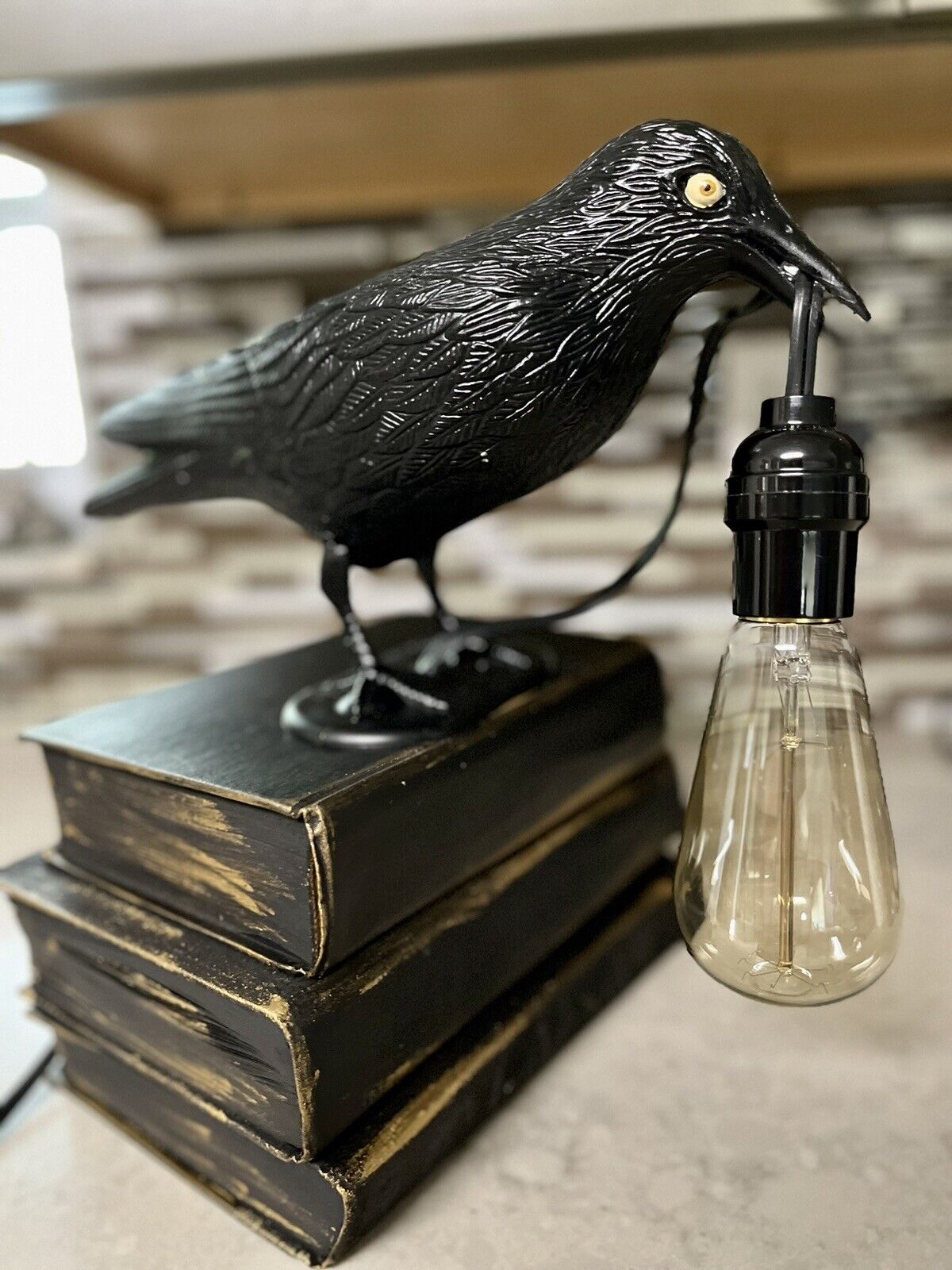 Handmade Raven On Books Desk Lamp. “Lenore The Literate” Original Upcycled