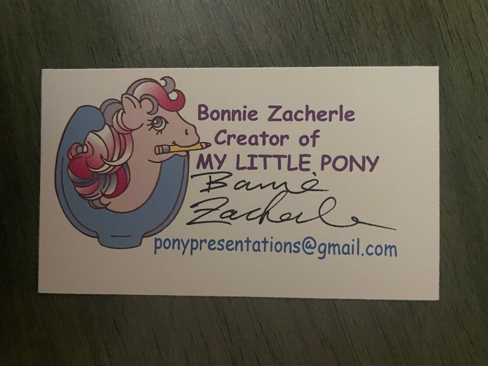 BONNIE ZACHERLE autograph MY LITTLE PONY creator business card signed