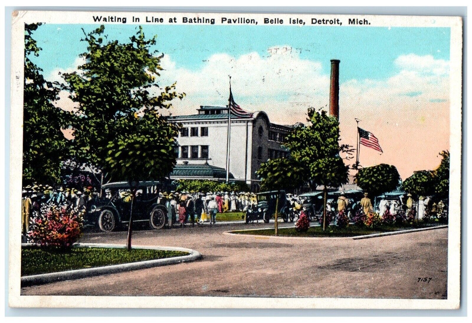 1924 Waiting Line Bathing Pavilion Belle Isle Detroit Michigan Vintage Postcard