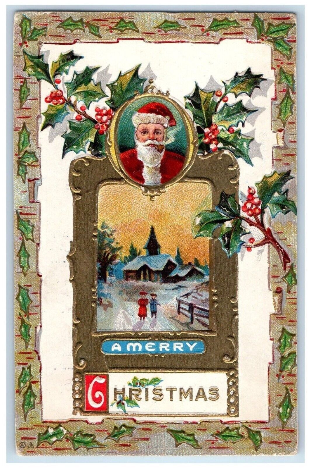 1913 Christmas Santa Claus Cigarette Pipe Smoke Holly Embossed Antique Postcard