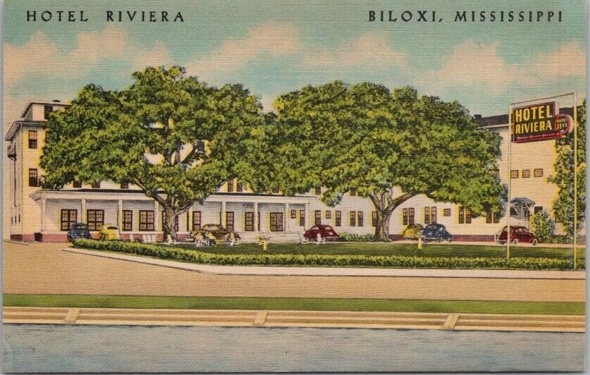 1950s BILOXI, Mississippi Postcard HOTEL RIVIERA Highway 90 Roadside Beals LINEN