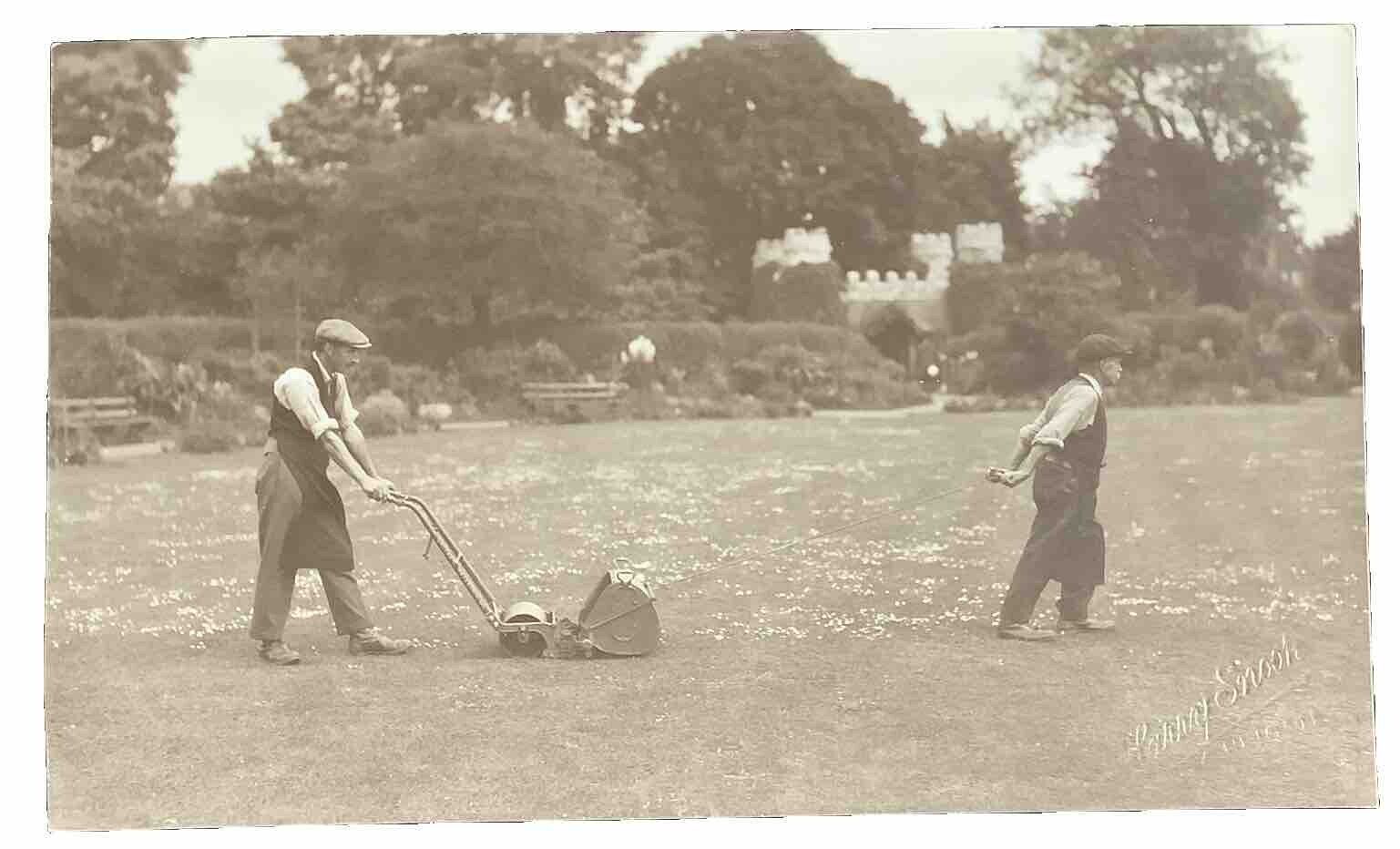 RPPC Vintage Real Photo Postcard Of Men Cutting Lawn Antique
