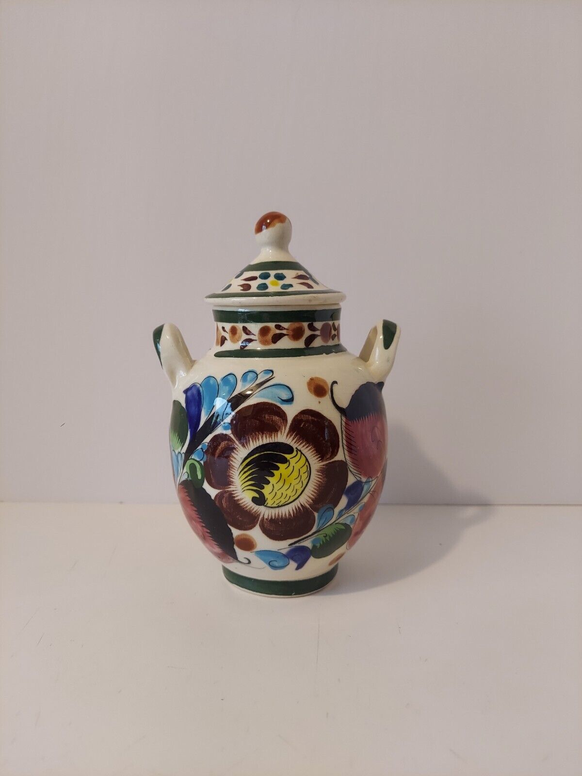 Handpainted Mexican Folk Art Pottery Jar Canister With Lid