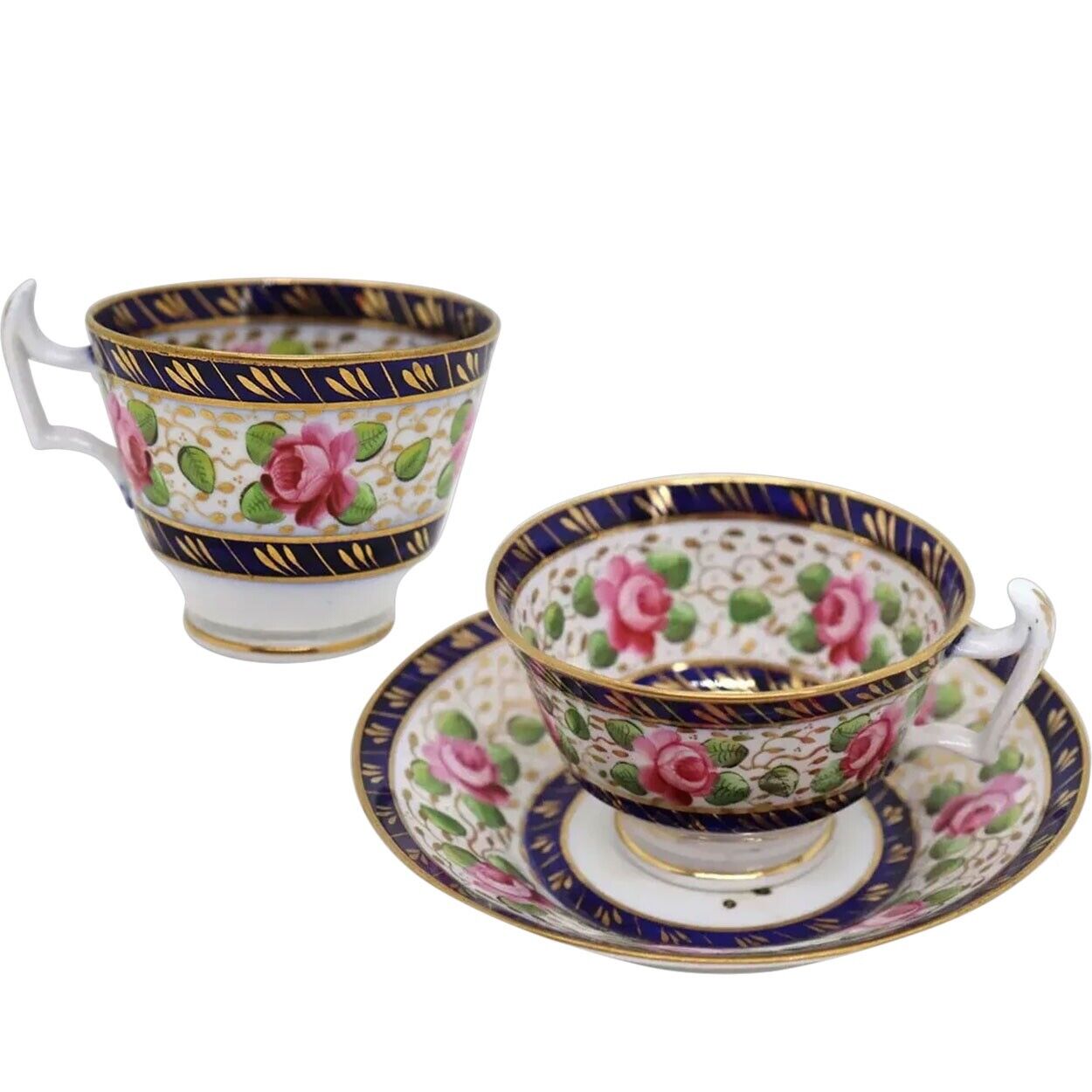 Antique English New Hall Regency Porcelain #1865 Roses Tea Cups & Saucer Trio