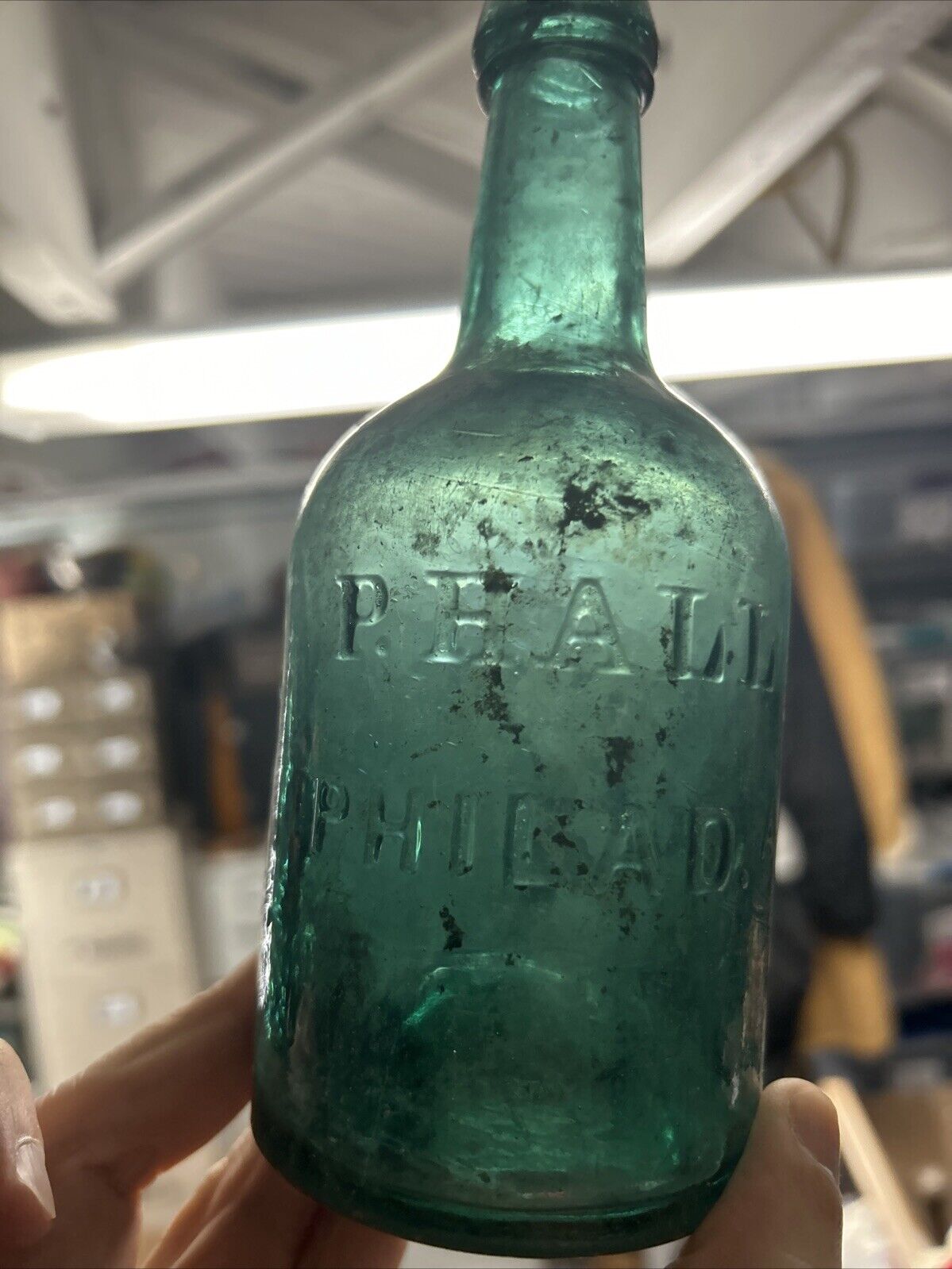 Very Old P Hall Philada Rough Glass Teal Green Bottle Philadelphia