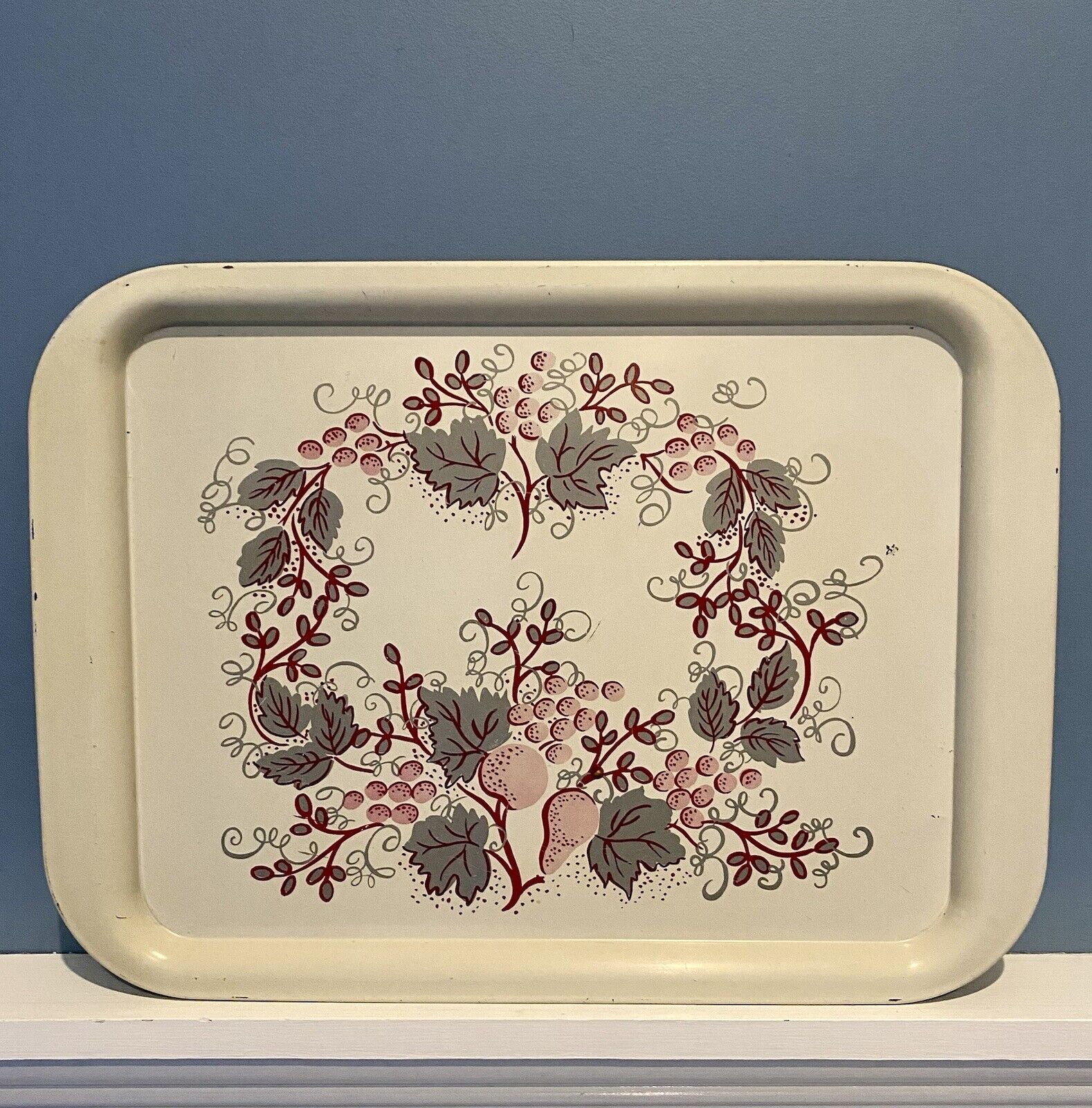 Vintage Mid Century Hand Painted Metal Tray Pink Red Silver Turquoise 17.5 x 13