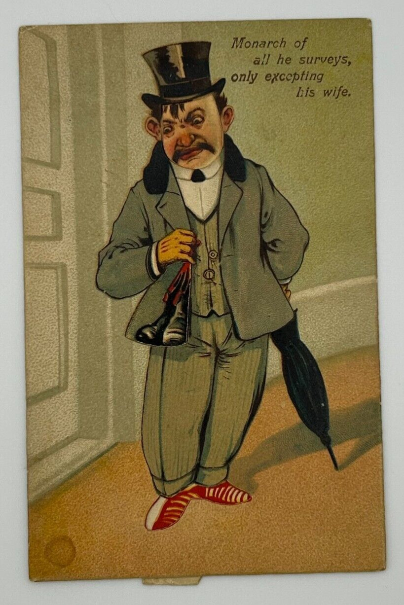 Antique Mechanical Postcard—Monarch of all he surveys, only excepting his wife.