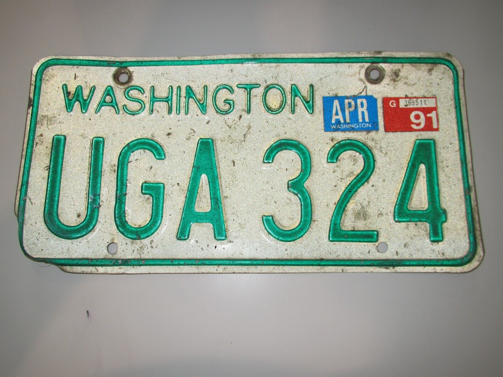 1991 Washington License Plate UGA 324  USA 1980s 1990s Authentic White Green