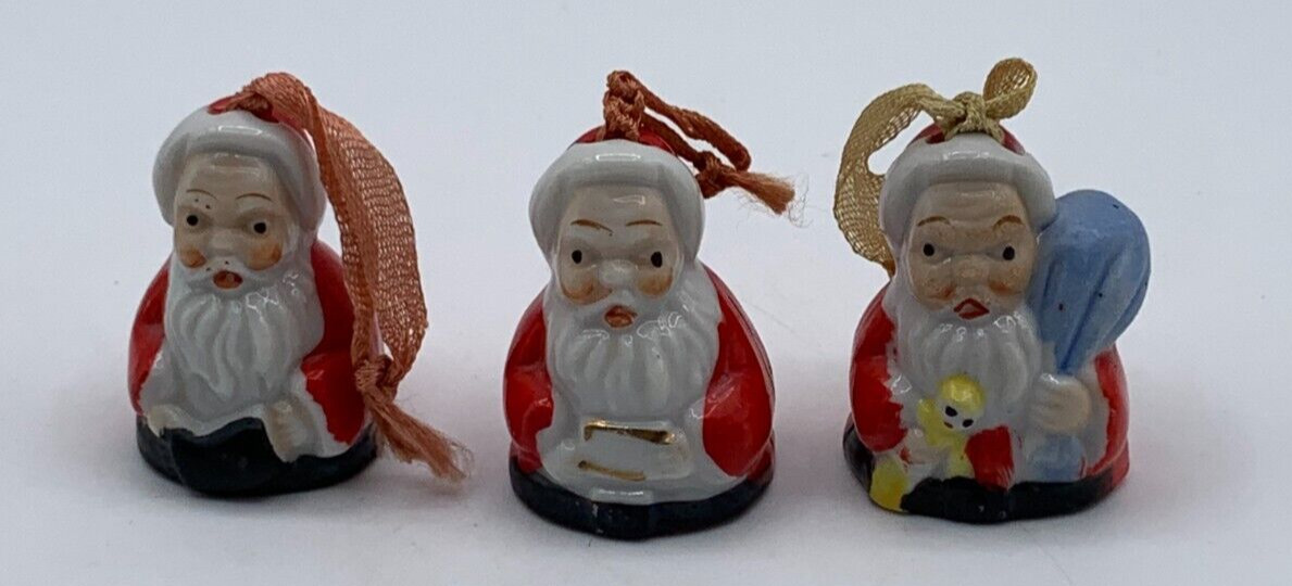 Vtg 1950\'s Japan Hand Painted MINI Santa Bell Porcelain Ornaments Set of 3