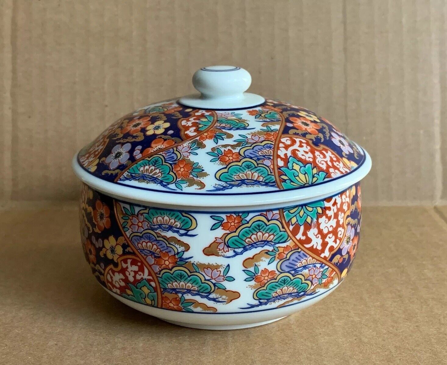 Vintage Oriental Characters Gold & Floral Painted Round Porcelain Sugar Bowl