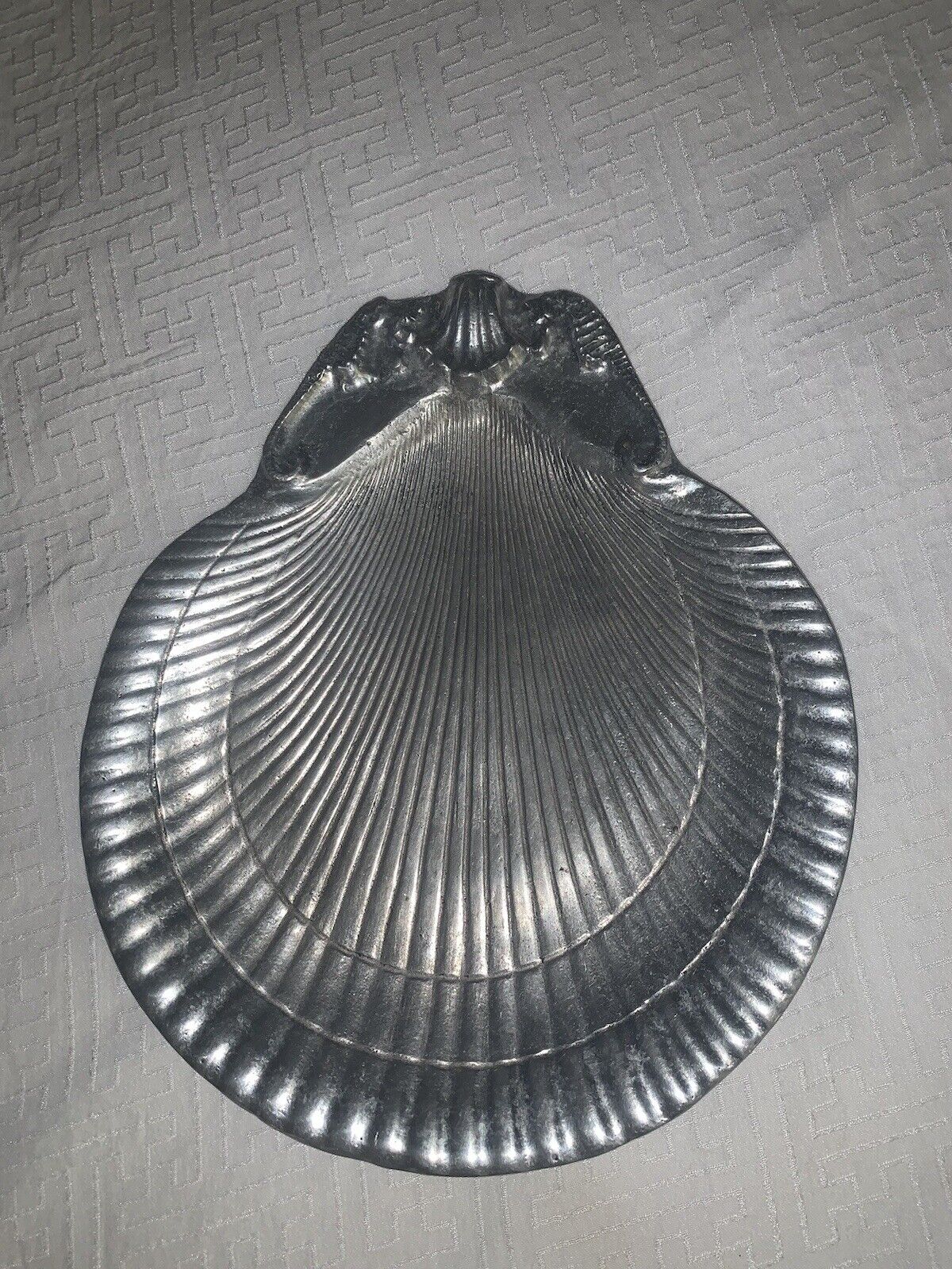 Vtg. 1978 Silver Pewter Seahorse seashell shaped trinket plate