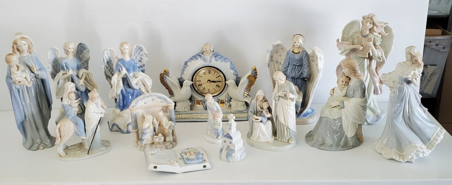 Vintage Porcelain Book, Angel, Manger, Nativity Sets w Clock Gold & Blue Accents