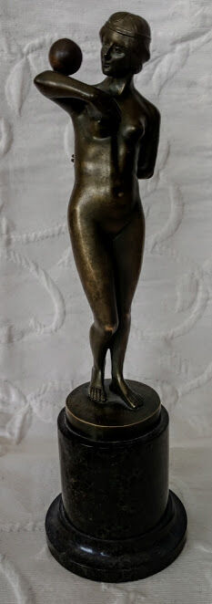 Bronze, French 1880\'s Rare Important Nude Lady w/Ball Statue, on Marble, Fine