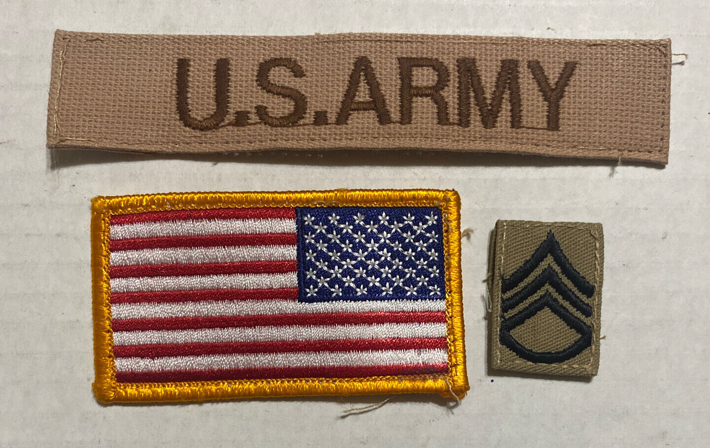 Group Of 3 Desert Tan US Army Patches - Staff Sergeant Rank U.S. Flag U.S. Army