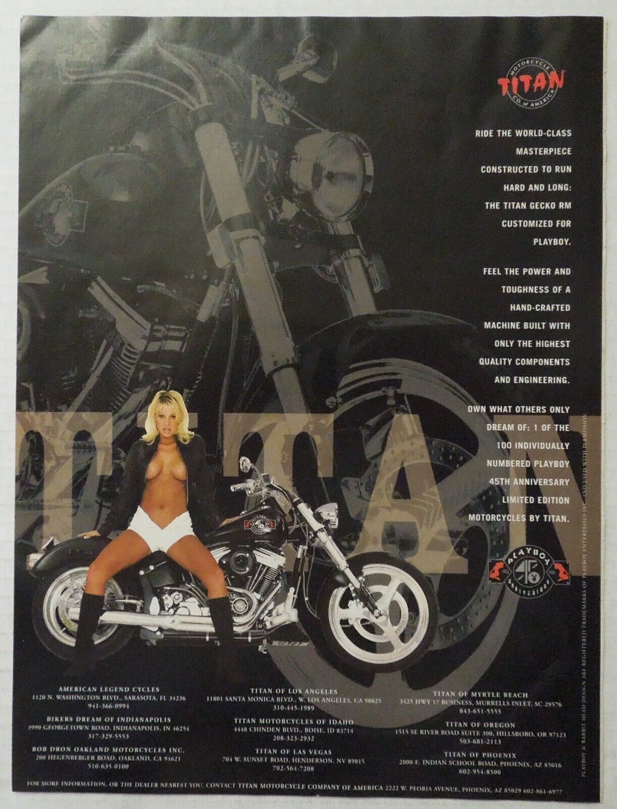 1999 PLAYBOY 45th Anniversary Limited Edition TITAN MOTORCYCLES Magazine Ad