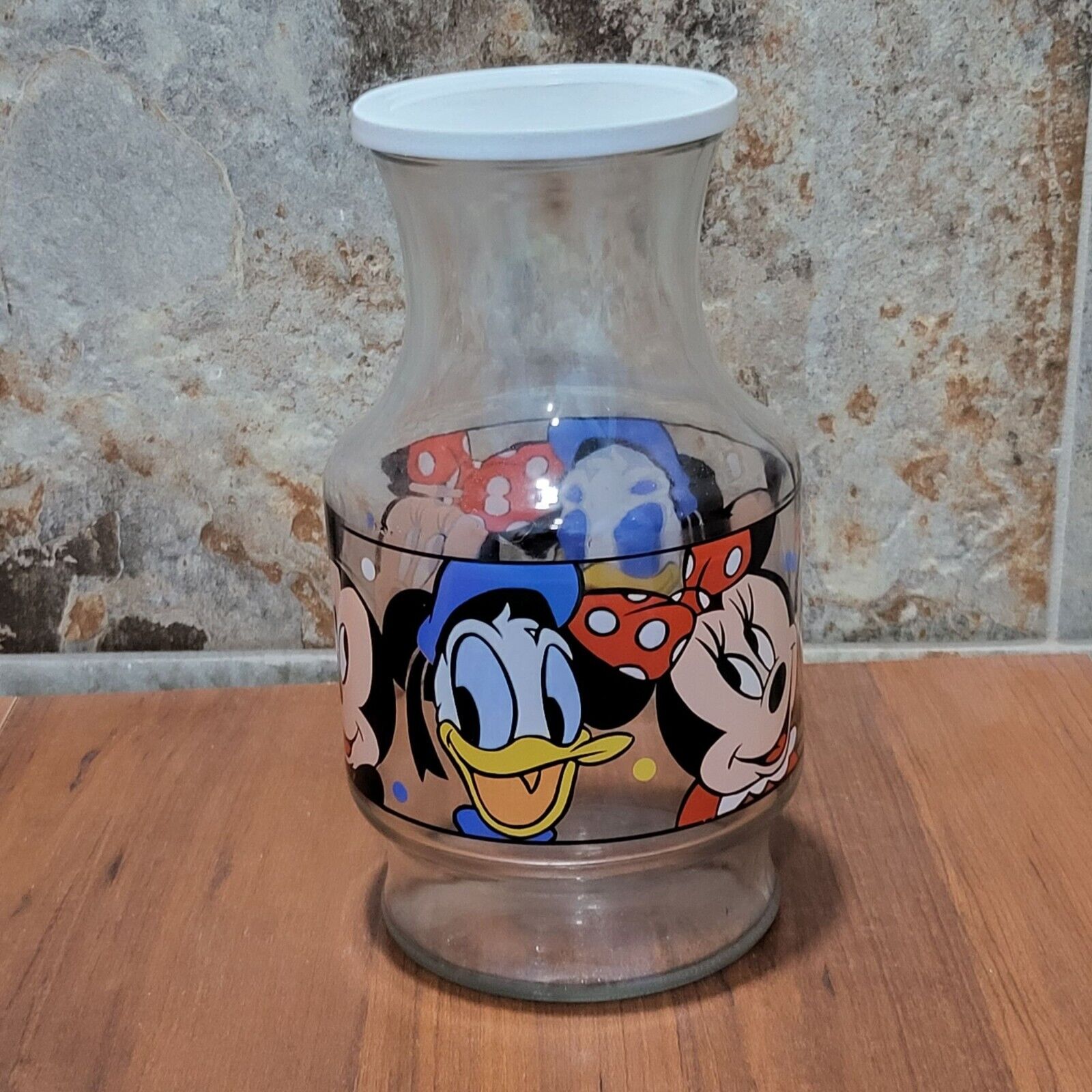 VTG Walt Disney Mickey Minnie Donald Glass Juice Carafe Jar Pitcher Decanter