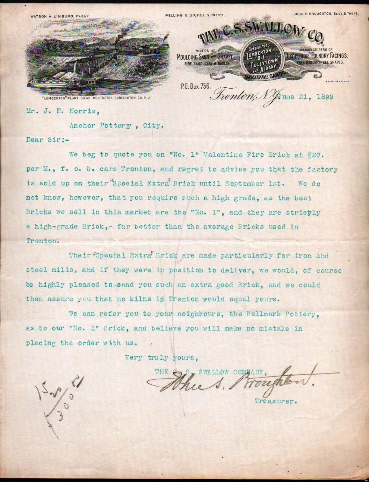 1899 C S Swallow Co - Moulding Sand Gravel Fire Brick Trenton - Letter Head Bill