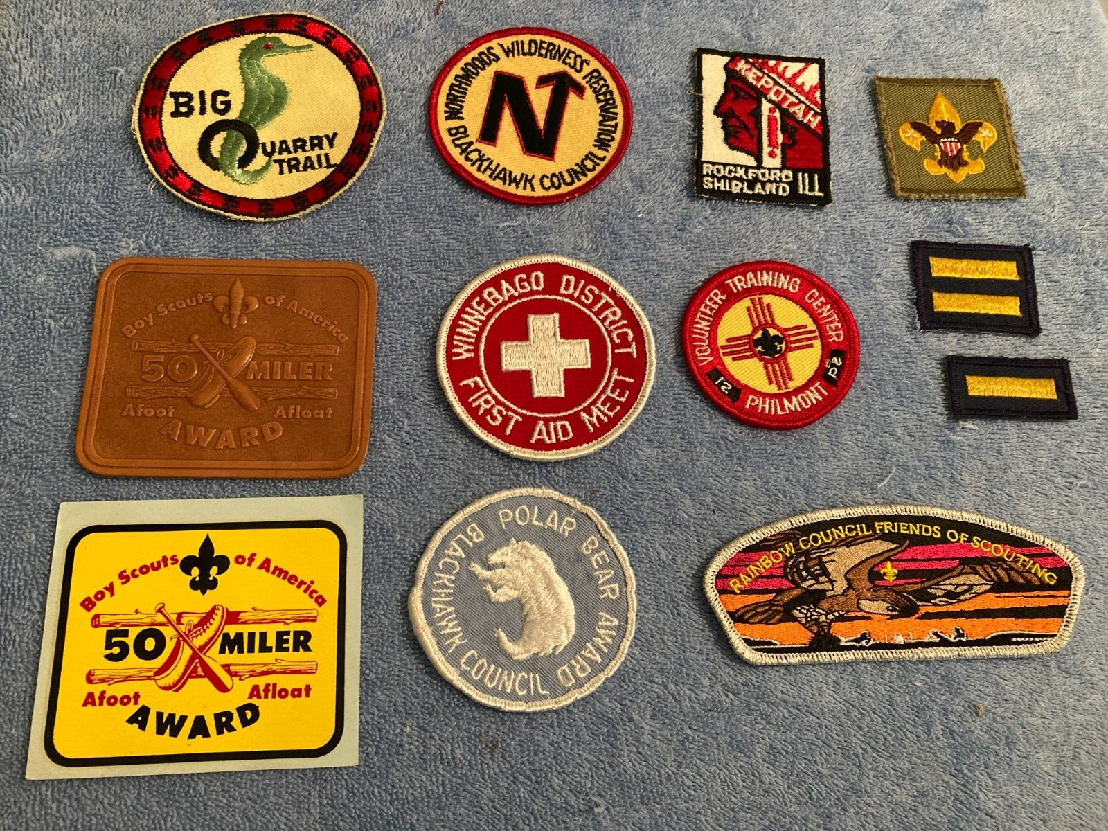 BOY SCOUTS RANDOM LOT OF PATCHES & 50 MILE SWIM LEATHER AWARD BSA
