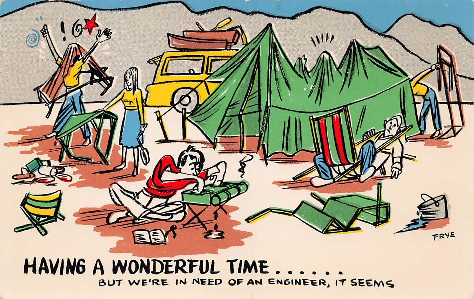 Highway Humor Bolty Card Camping Tent Family Trip Messy Frye Vtg Postcard B14