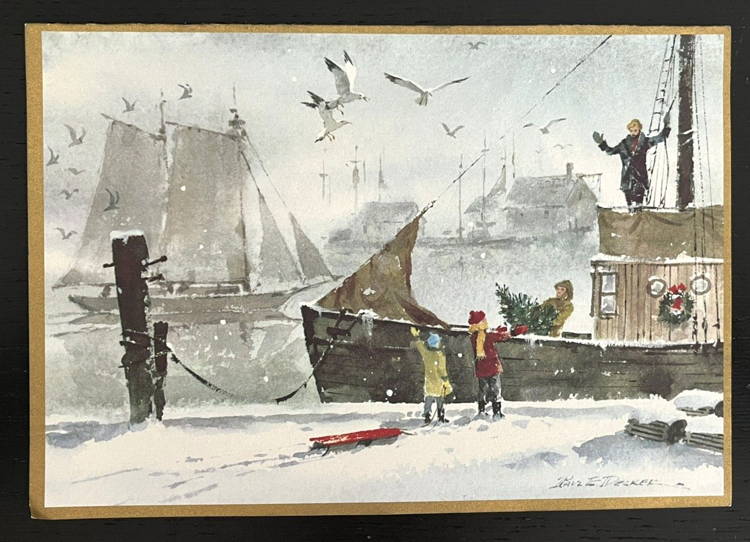 Vtg Sunshine Christmas Artistic Tree Boat Children Dock Sleigh Greeting Card