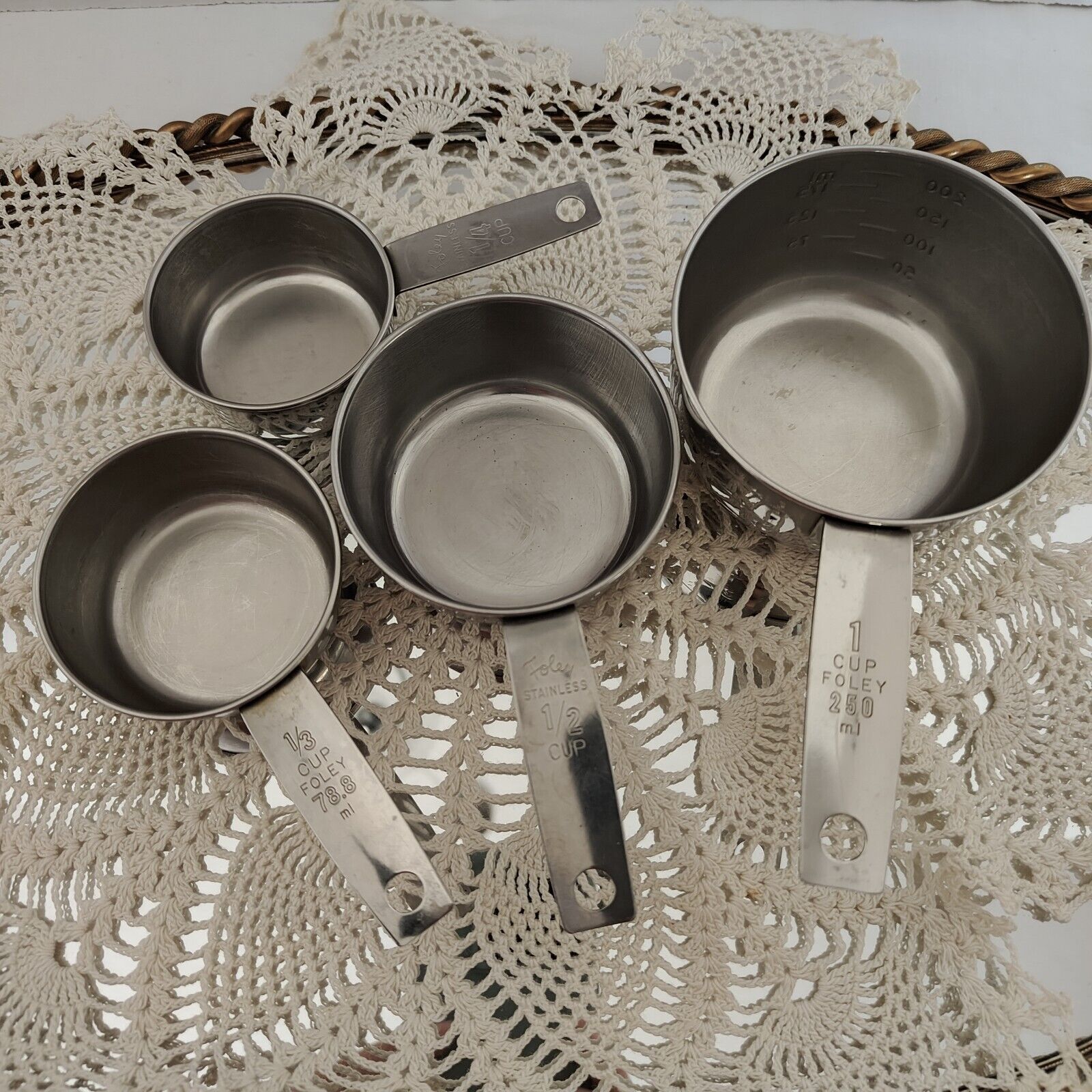 Vintage 4 PC Foley  Measuring Cups Stainless Steel USA 1/4-1/3-1/2-1