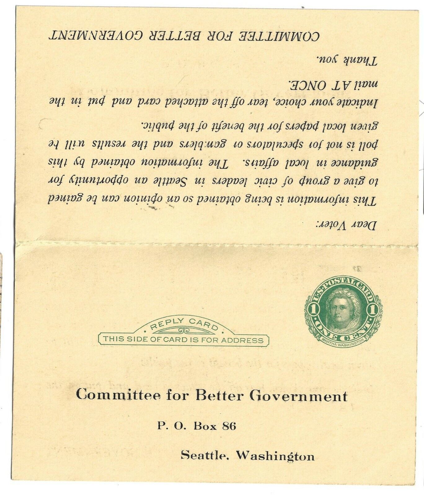 1942 Seattle WA Committee 4 Better Govt Folding Poll Postcard Candidates Issues