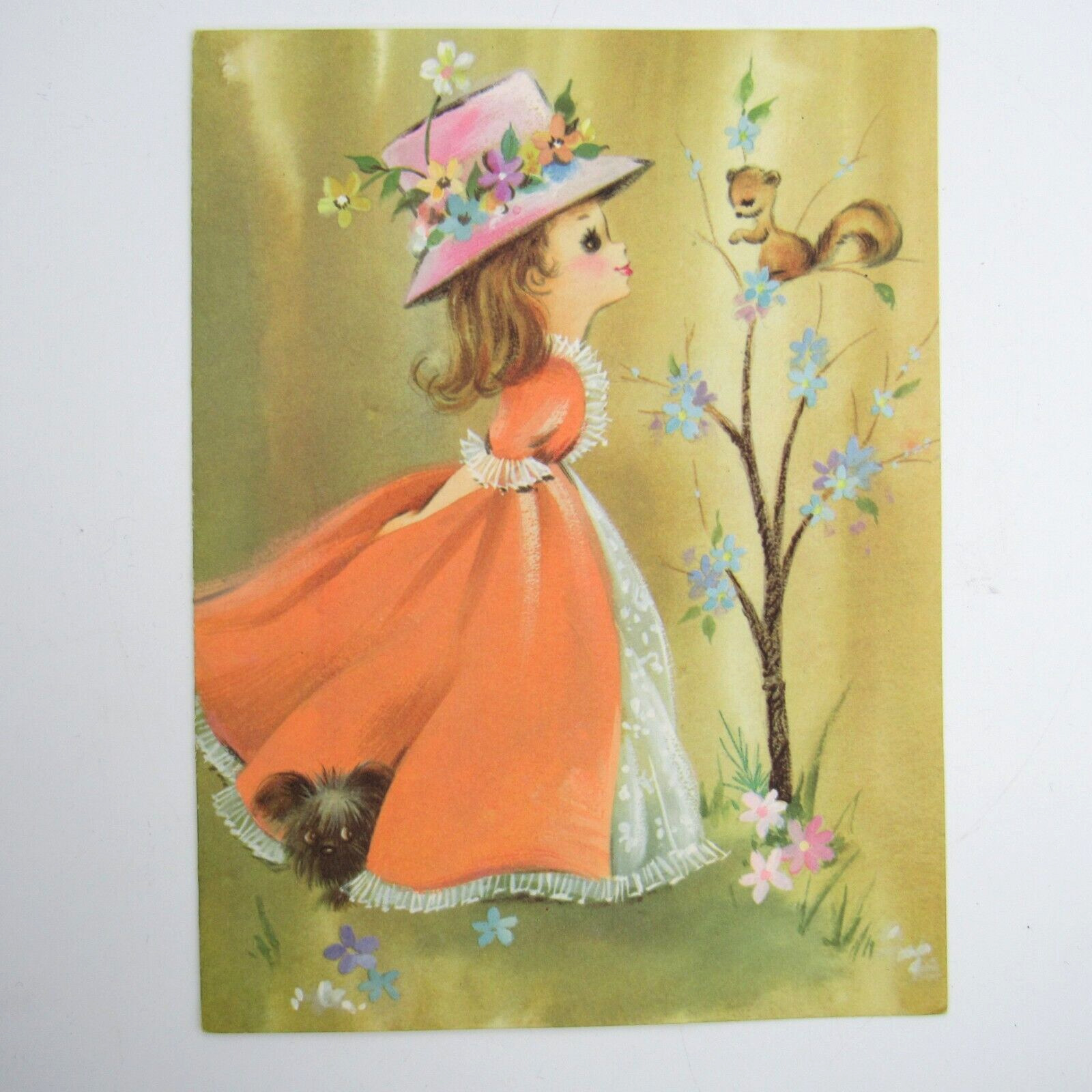 Vintage A Sunshine Card Greeting Card Get Well Soon UNUSED Girl Hat Squirrel Dog