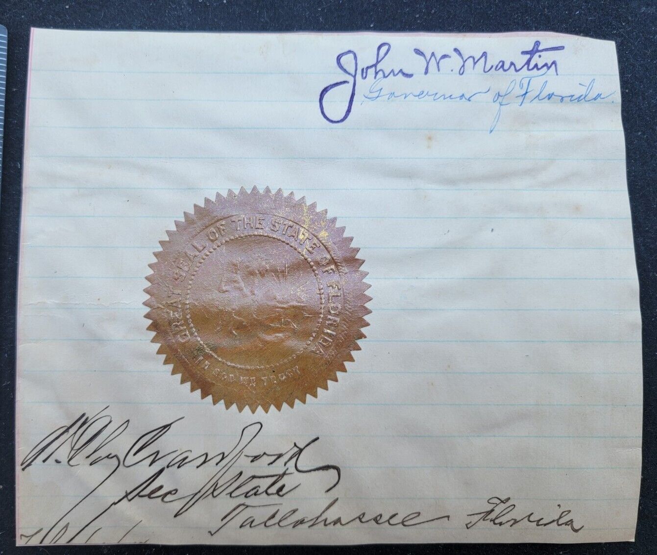 JOHN W. MARTIN Florida Governor Stamp Sign + Embossed Seal + H.C. CRAWFORD SoS
