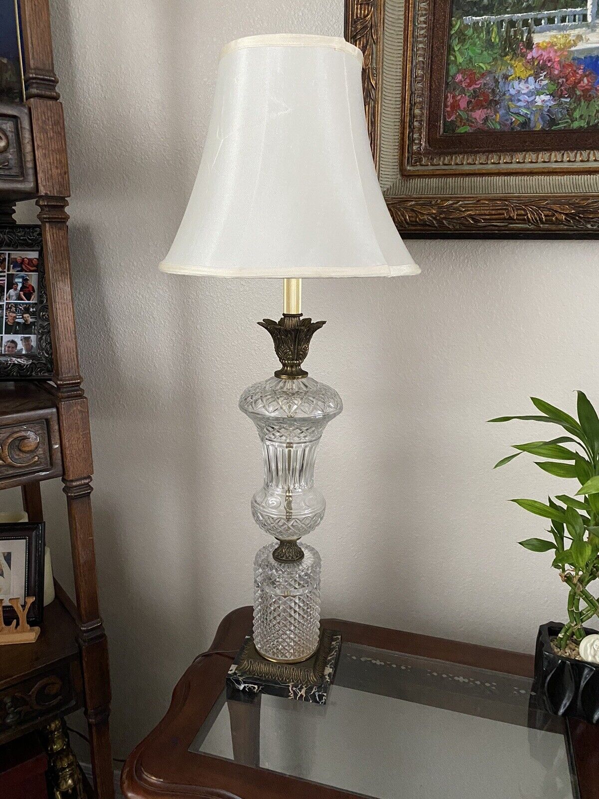 1 Vintage Pineapple Crystal Column Large 34” Tall Leviton Marble Base Brass Lamp