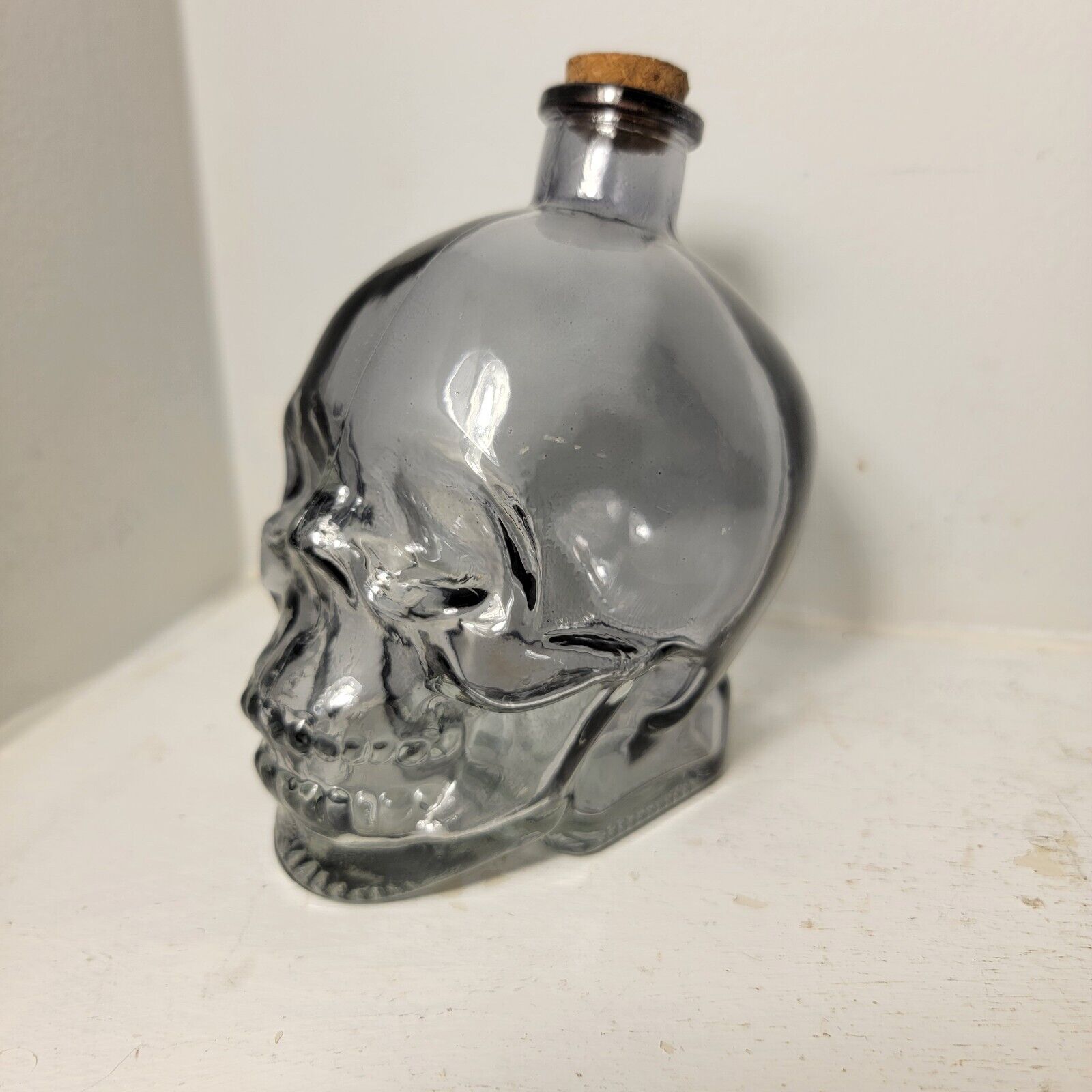 Halloween Clear Glass Skull Shaped Bottle w/Cork Stopper 
