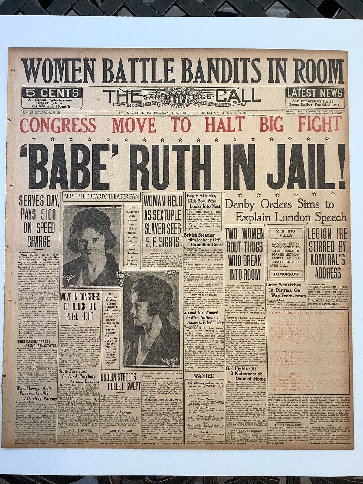 Babe Ruth In Jail 1921 Banner Headline Newspaper Baseball NY Yankees See