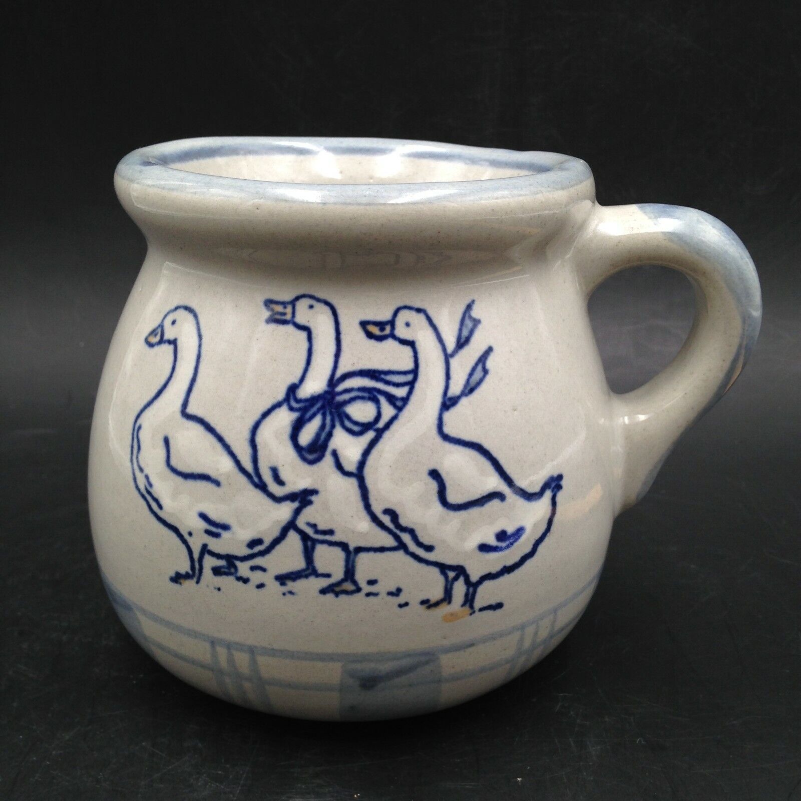 Louisville Stoneware Gaggle of Geese Mug Hand Painted Blue Bow 1980s
