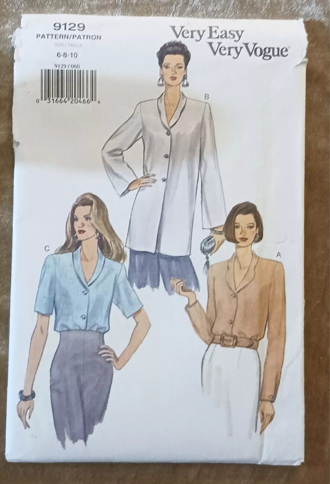 Very Easy Very Vogue Sewing Pattern 9129 Sz 6-8-10 Blouse, Tunic 1994 FF UNCUT