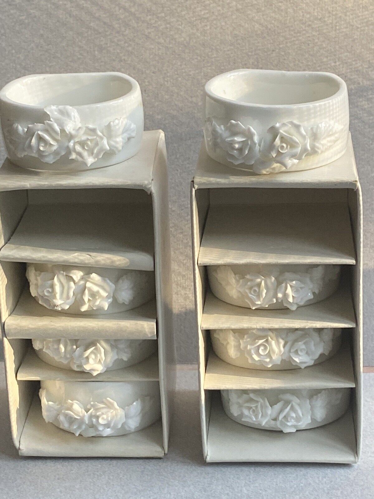 Vintage Set Of 8 Porcelain White Floral Half Round Napkin Rings