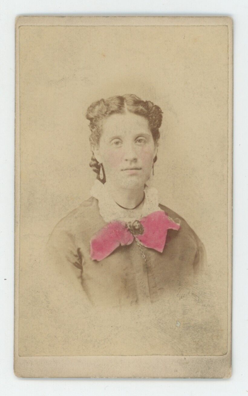 Antique Hand Tinted CDV Circa 1870s Beautiful Woman With Earrings Pittsburg, PA