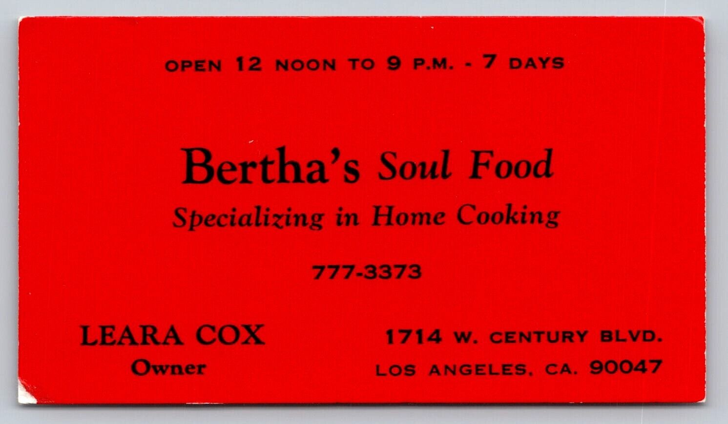 Vintage Business Card Bertha's Soul Food Restaurant Los Angeles California