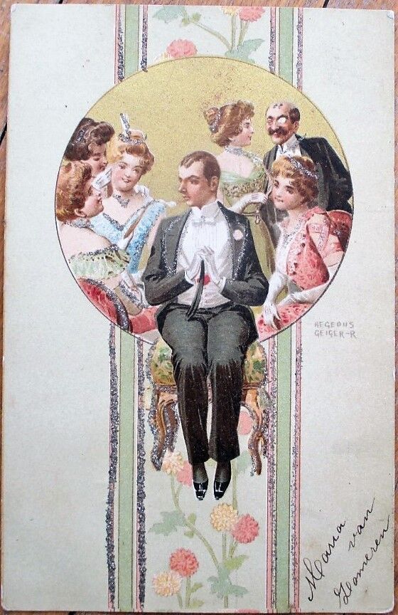 Hegedus Geiger/Artist-Signed 1902 Art Nouveau Postcard: Men & Women, Color Litho