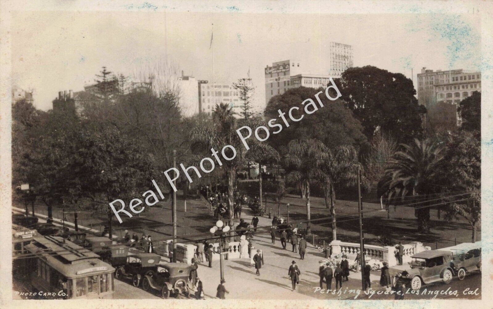 RPPC Trolley, Old Cars, People Pershing Square Los Angeles California Postcard