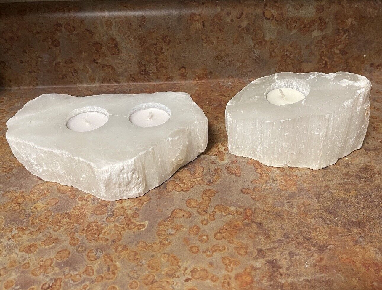 SET OF 2 ~ Natural Selenite Crystal Candle Holders