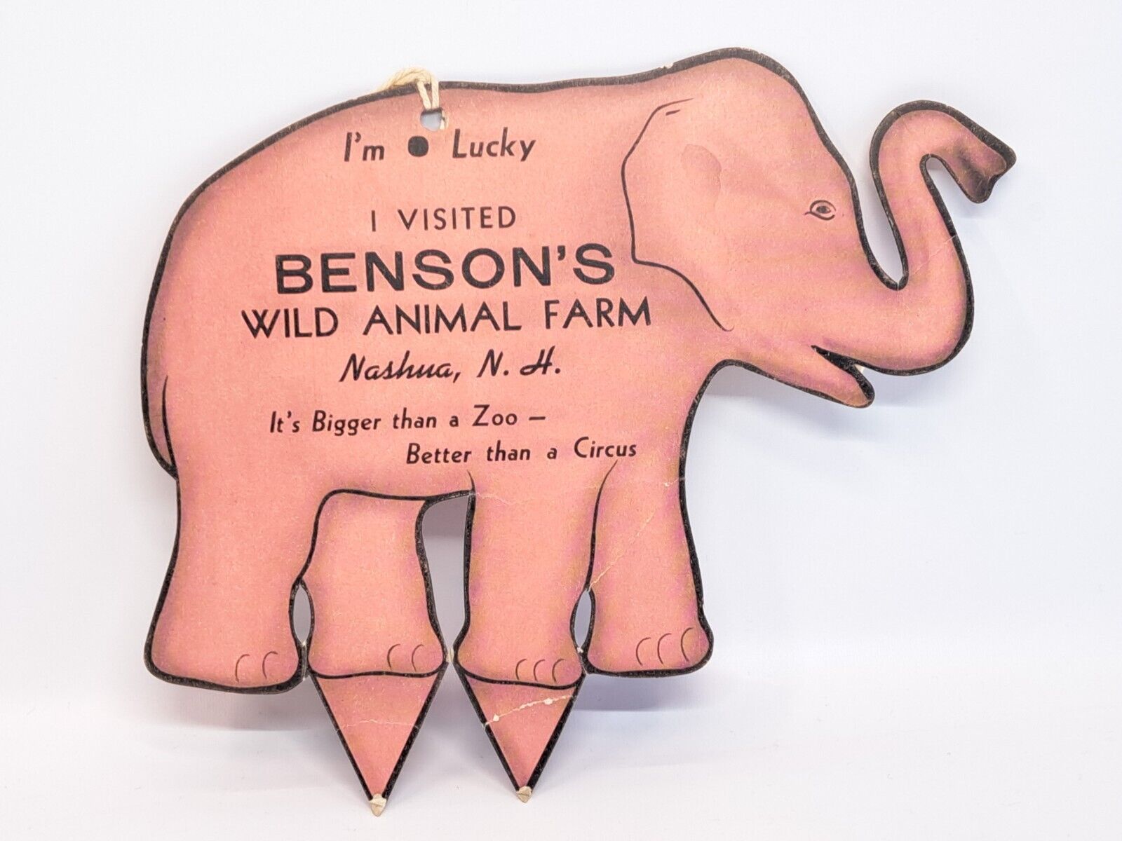 VINTAGE BENSON'S WILD ANIMAL FARM CARDBOARD LUCKY ELEPHANT SOUVENIR NASHUA NH