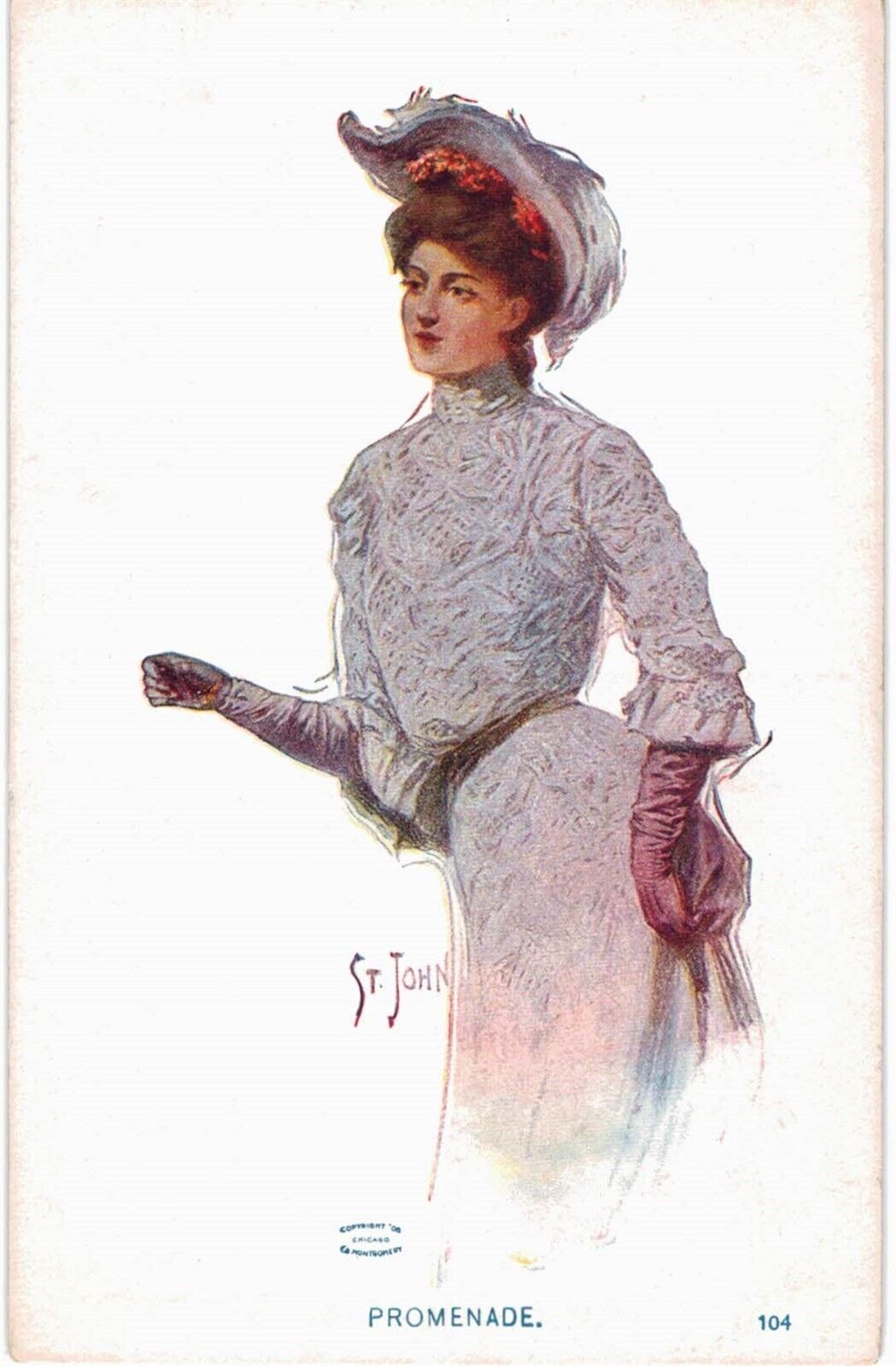 St John Promenade Beautiful Woman White Dress A/S Near Mint Unused 1910 