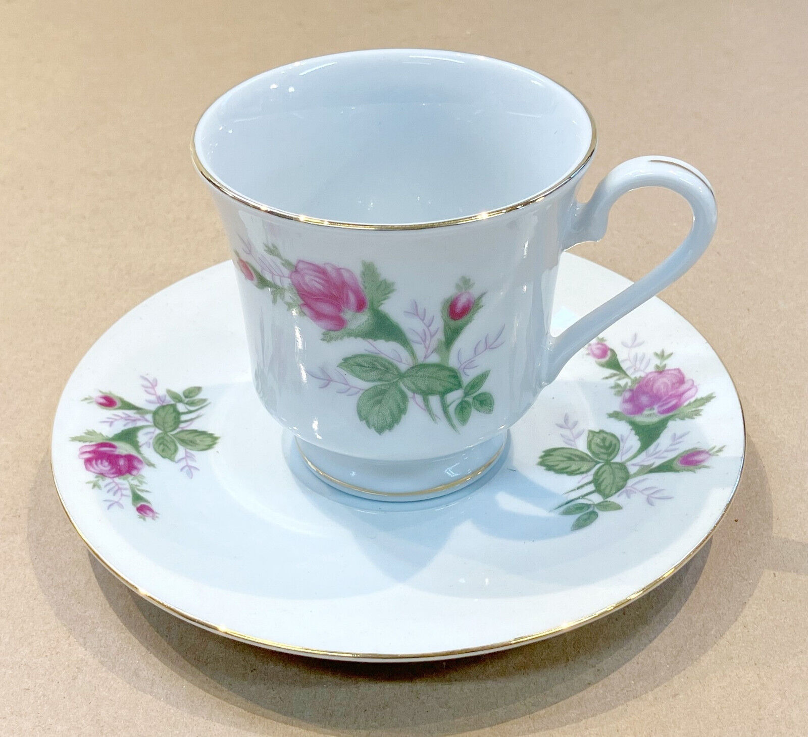 Tea Cup Saucer Pink Flowers Gold Rim ROSE