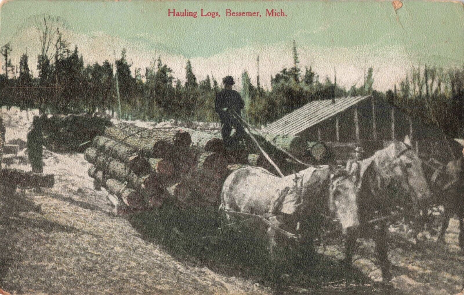Hauling Logs Bessemer Michigan MI c1910 Postcard