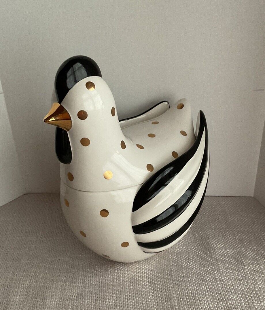 MacKenzie Child MOD CHICK CANISTER Black And White Stripes, Polka Dots And Gold 