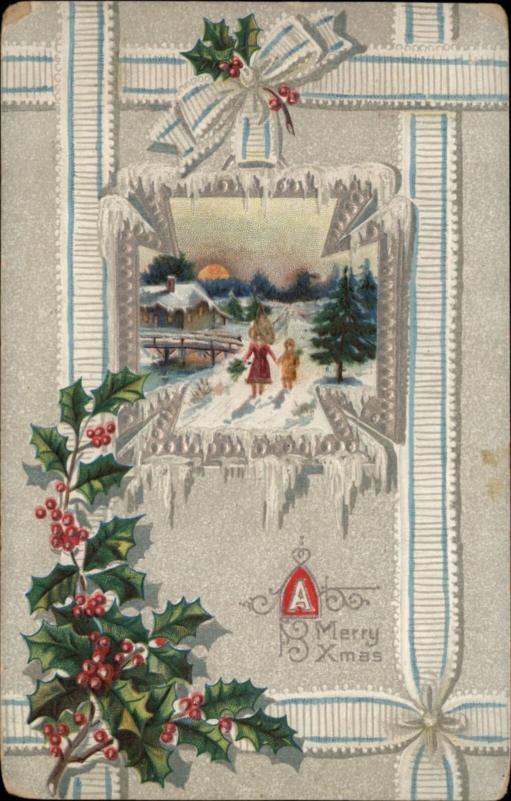 Christmas sunset bridge snow lady child icicle 1910 to DOROTHY STEWART McCain PA