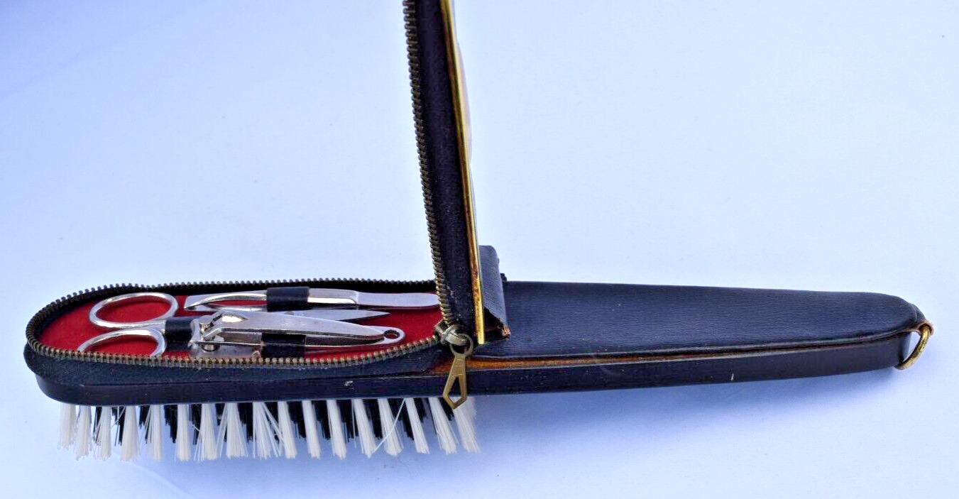 Vintage H H & W Western Germany Grooming Kit Clippers Tweezers Brush Leather