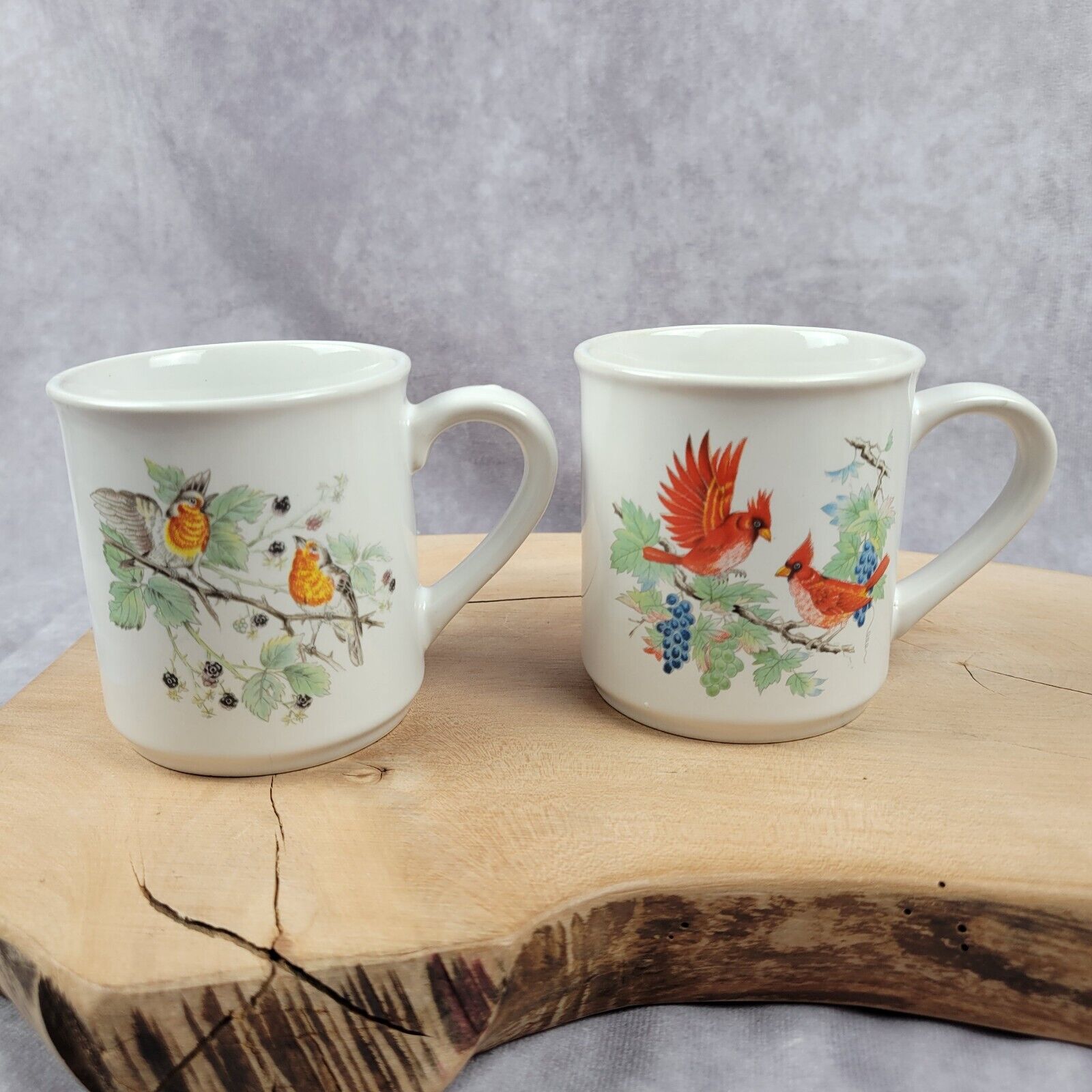 Lot Of 2 Bird Mugs Cups Finches Cardinals On Branches With Fruit Made In Japan