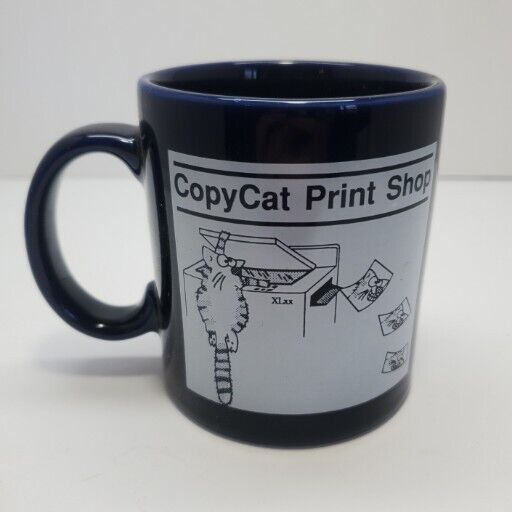 Vintage Copy Cat Print Shop Blue Ceramic Coffee Mug Cup Kitty On Copy Machine 