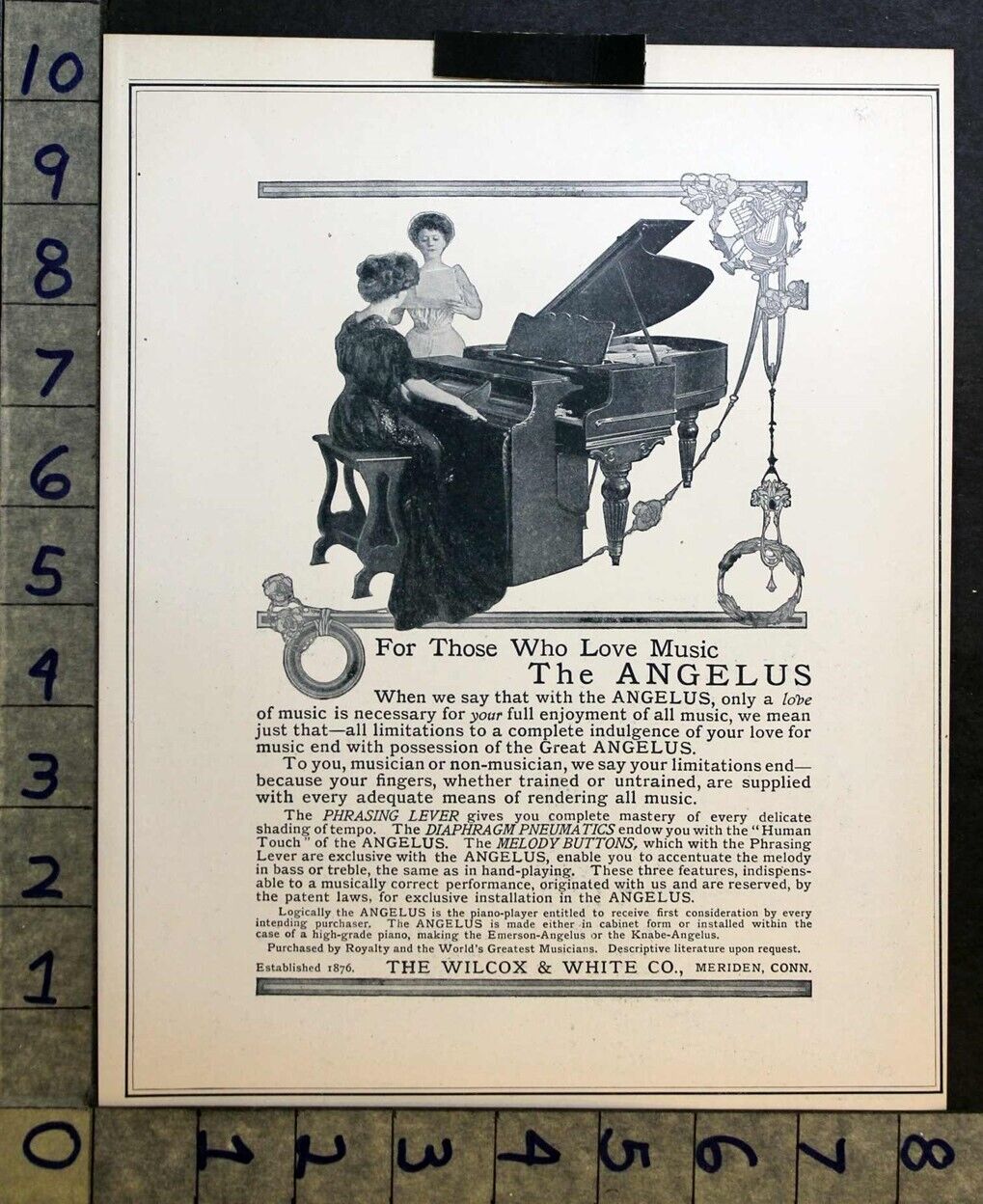 1906 PLAYER PIANO ANGELUS MUSIC INSTRUMENT WILCOX WHITE MERIDEN SING AD FC4635 
